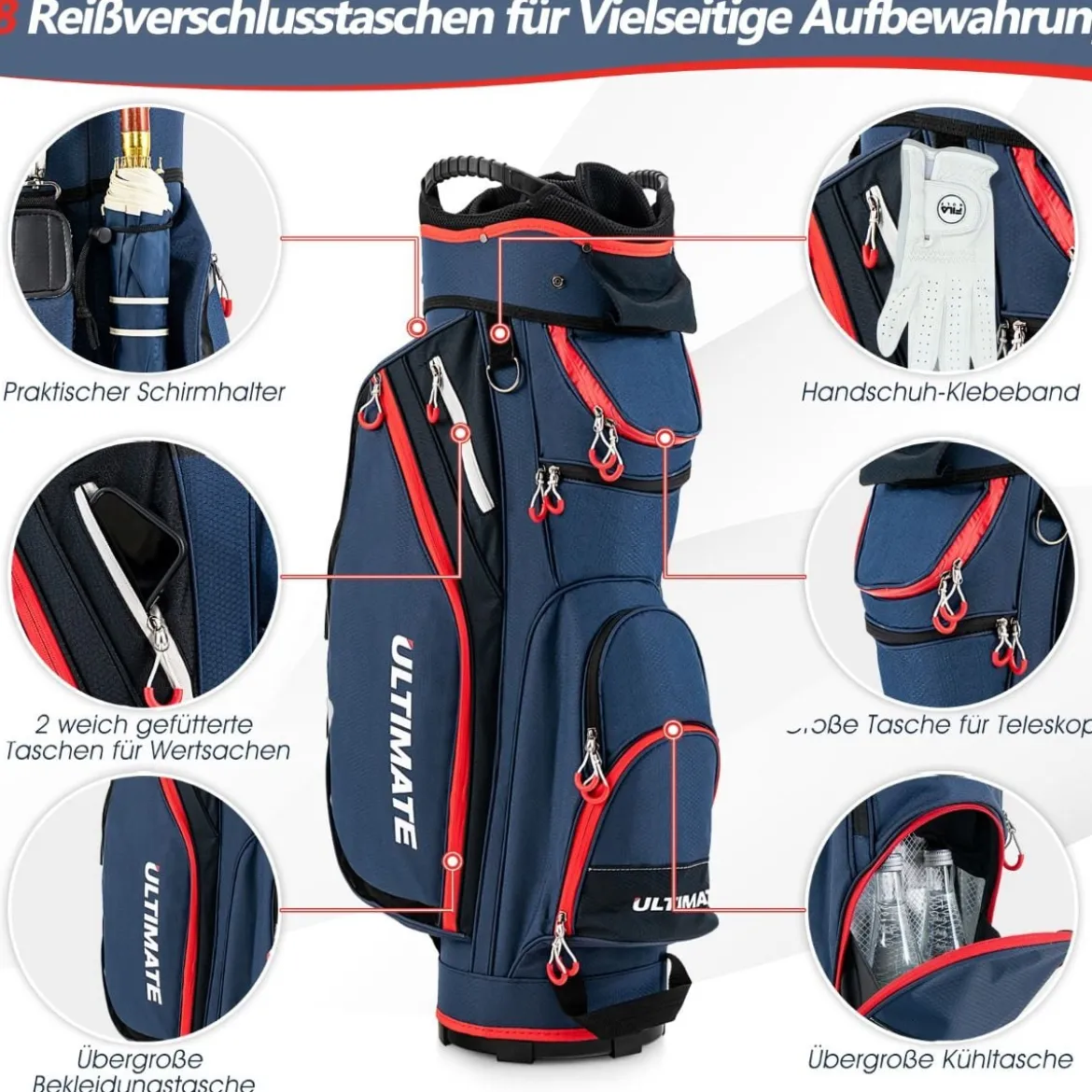 Leichte Golfschlägertasche mit 14-fach-Unterteilung in Voller Länge Marine