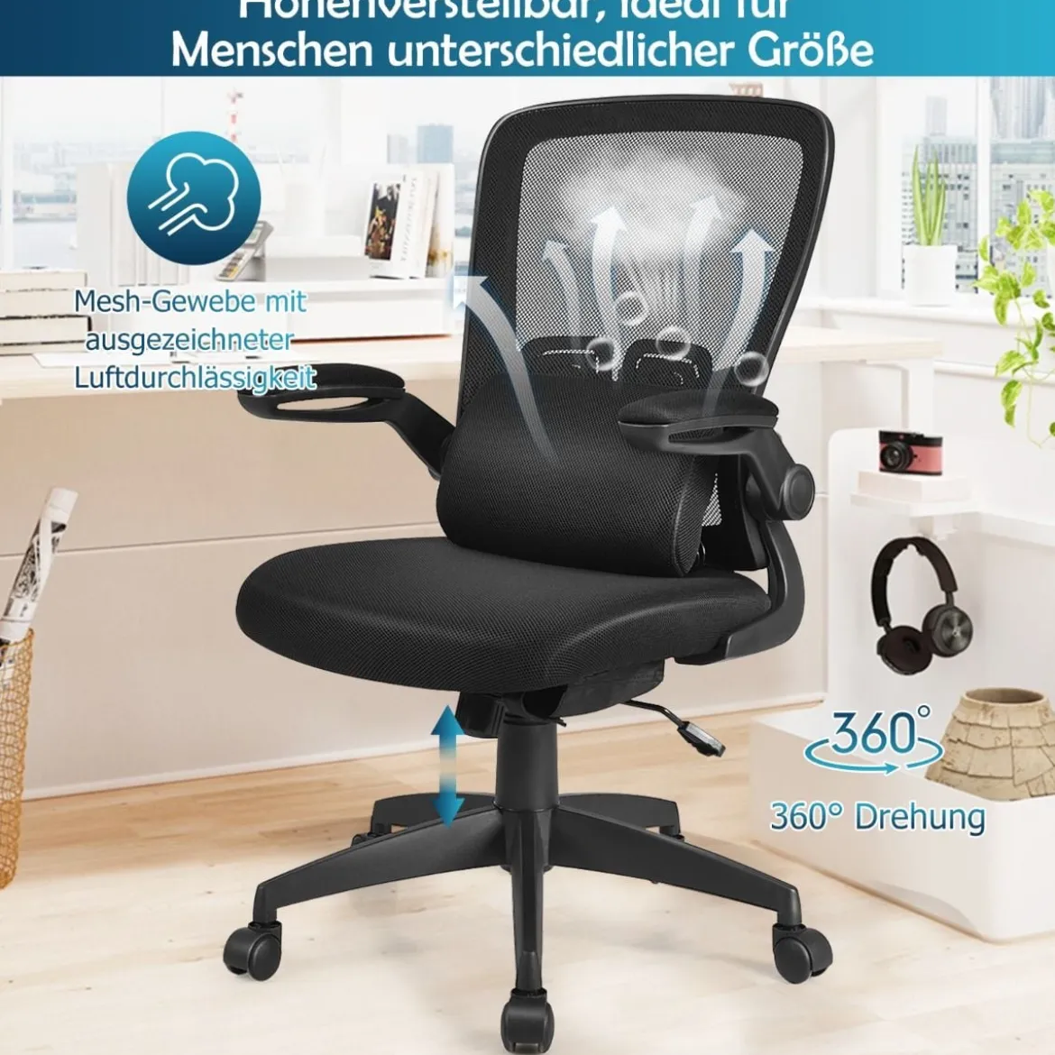 Leichter Netzstoff-Bürostuhl mit Lendenwirbelstütze Bürostuhl 61 x 61 x 98 - 106 cm Schwarz