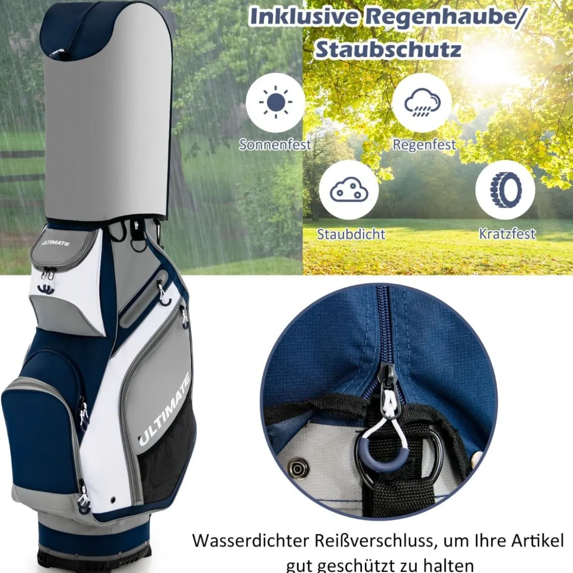 Leichte & Tragbare Golftasche mit 14 Trennwänden in Voller Länge Marine + Grau