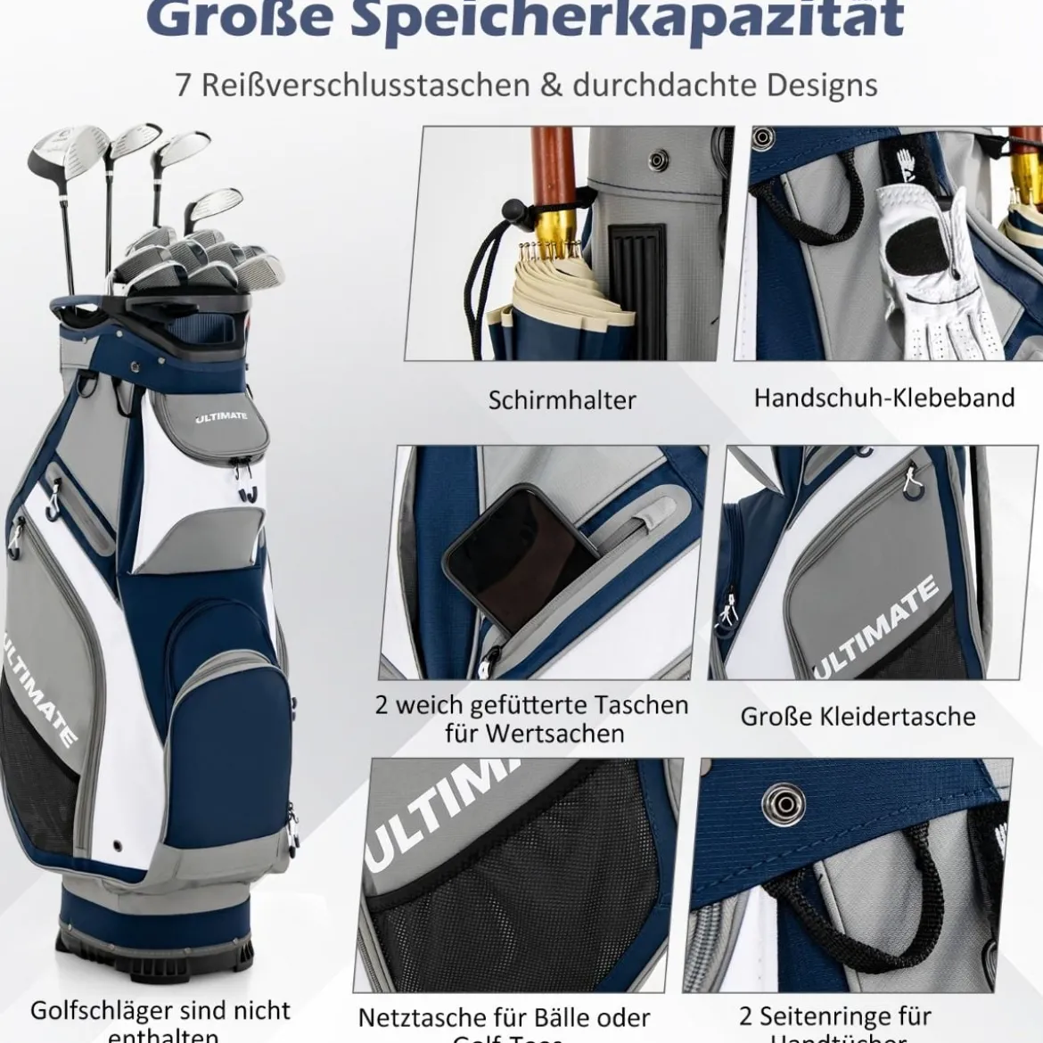 Leichte & Tragbare Golftasche mit 14 Trennwänden in Voller Länge Marine + Grau