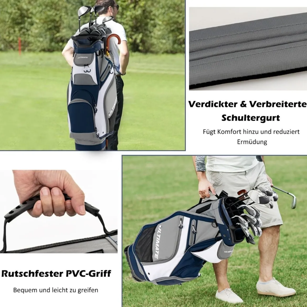 Leichte & Tragbare Golftasche mit 14 Trennwänden in Voller Länge Marine + Grau