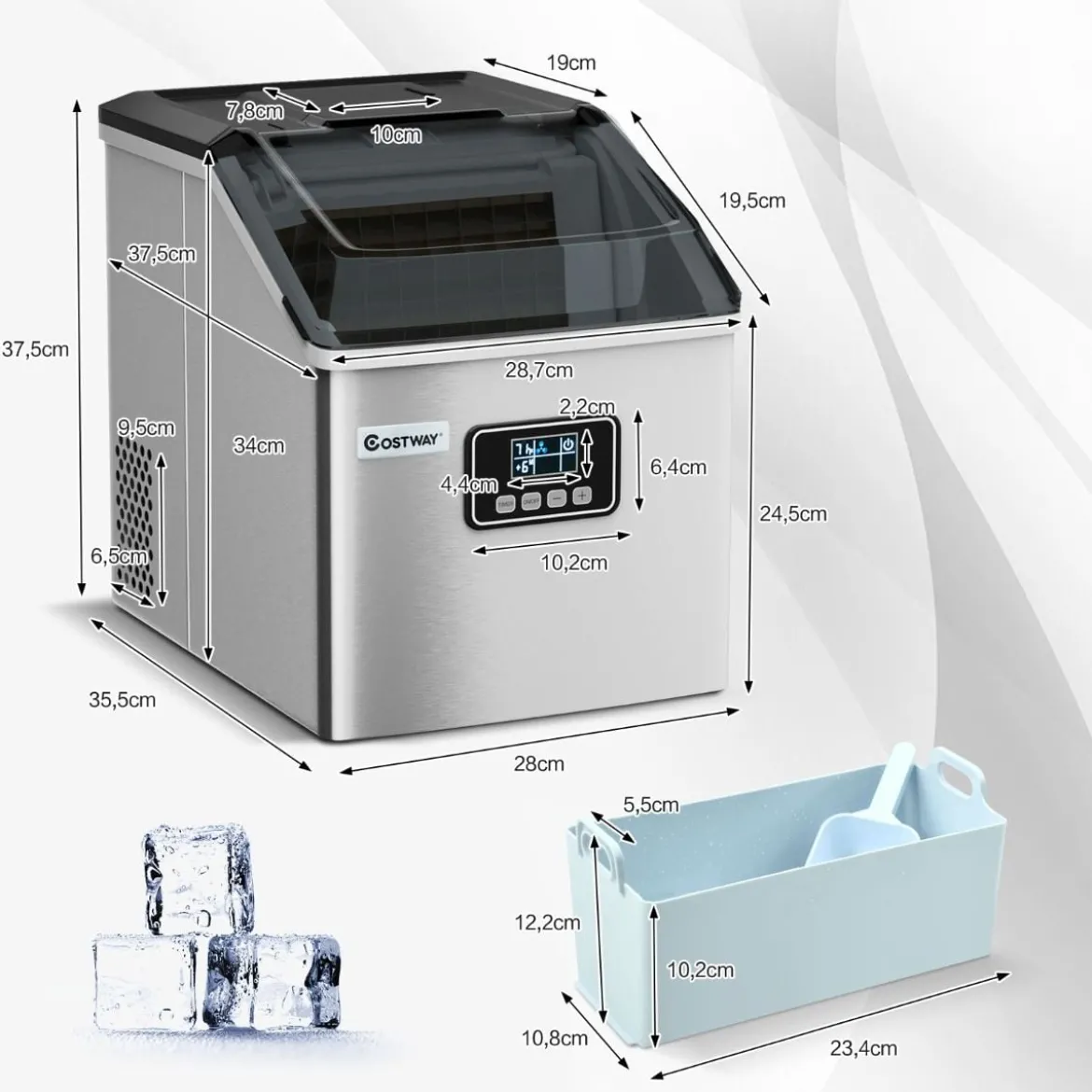 2,4L Eiswürfelmaschine mit Schaufel & Timer & Selbstreinigungsfunktion 18kg in 24H Silber
