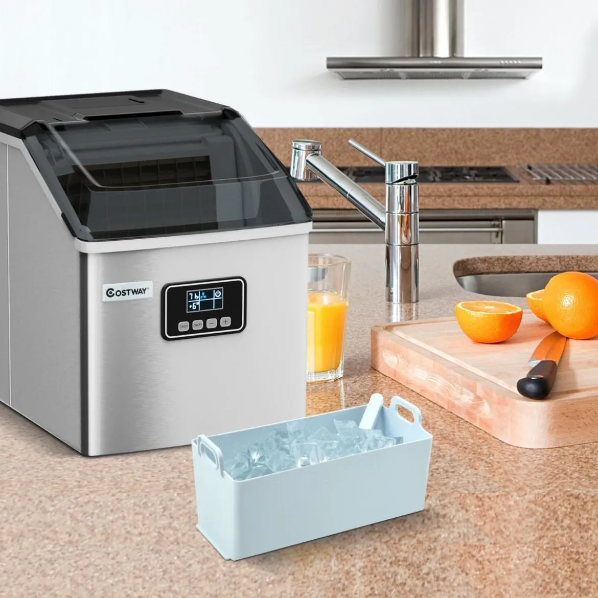 2,4L Eiswürfelmaschine mit Schaufel & Timer & Selbstreinigungsfunktion 18kg in 24H Silber
