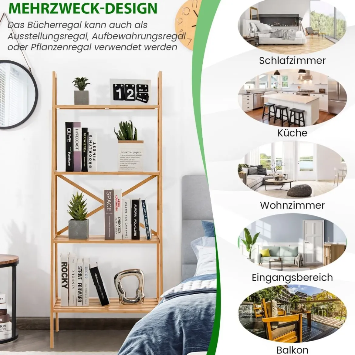 Leiterregal aus Bambus mit Kippschutz 4 Ebenen Bücherregal 60 x 35,5 x 148 cm Natur