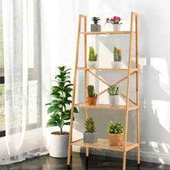 Leiterregal aus Bambus mit Kippschutz 4 Ebenen Bücherregal 60 x 35,5 x 148 cm Natur