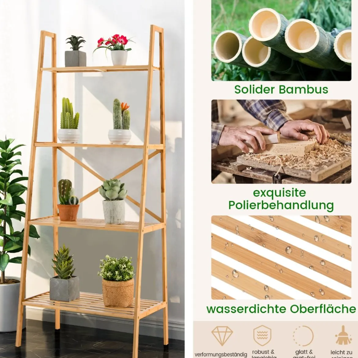 Leiterregal aus Bambus mit Kippschutz 4 Ebenen Bücherregal 60 x 35,5 x 148 cm Natur