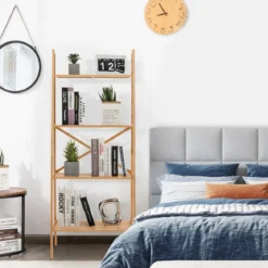 Leiterregal aus Bambus mit Kippschutz 4 Ebenen Bücherregal 60 x 35,5 x 148 cm Natur