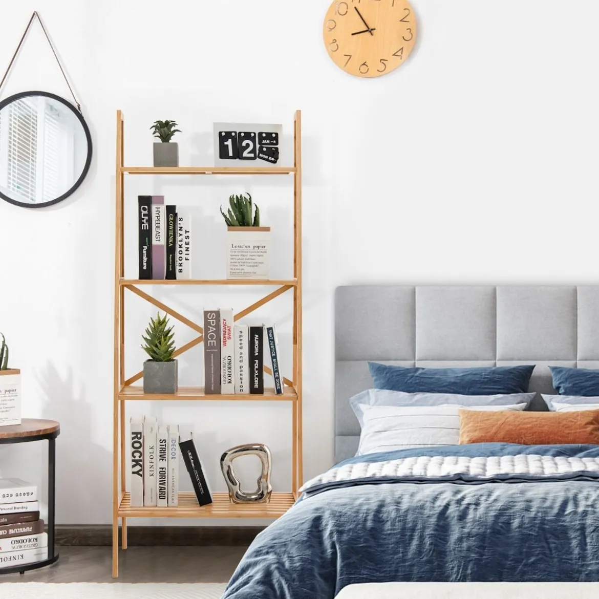 Leiterregal aus Bambus mit Kippschutz 4 Ebenen Bücherregal 60 x 35,5 x 148 cm Natur