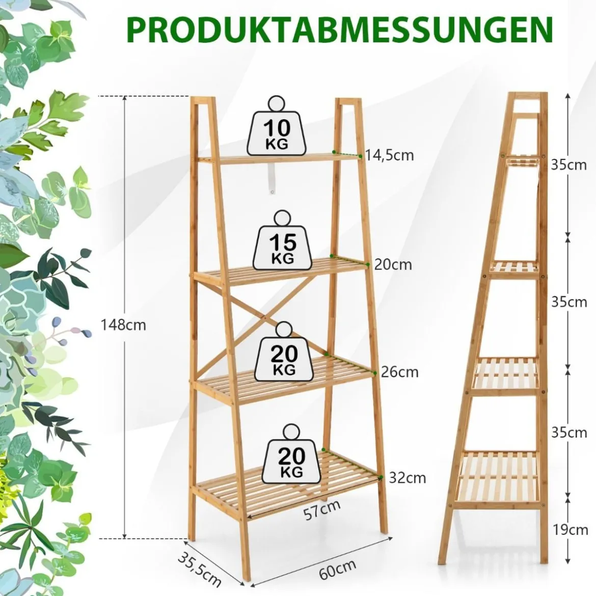 Leiterregal aus Bambus mit Kippschutz 4 Ebenen Bücherregal 60 x 35,5 x 148 cm Natur