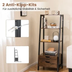 Leiterregal freistehend 134cm Bücherregal mit 4 offenen Regalen und 2 Schubladen vielseitiges Standregal Braun