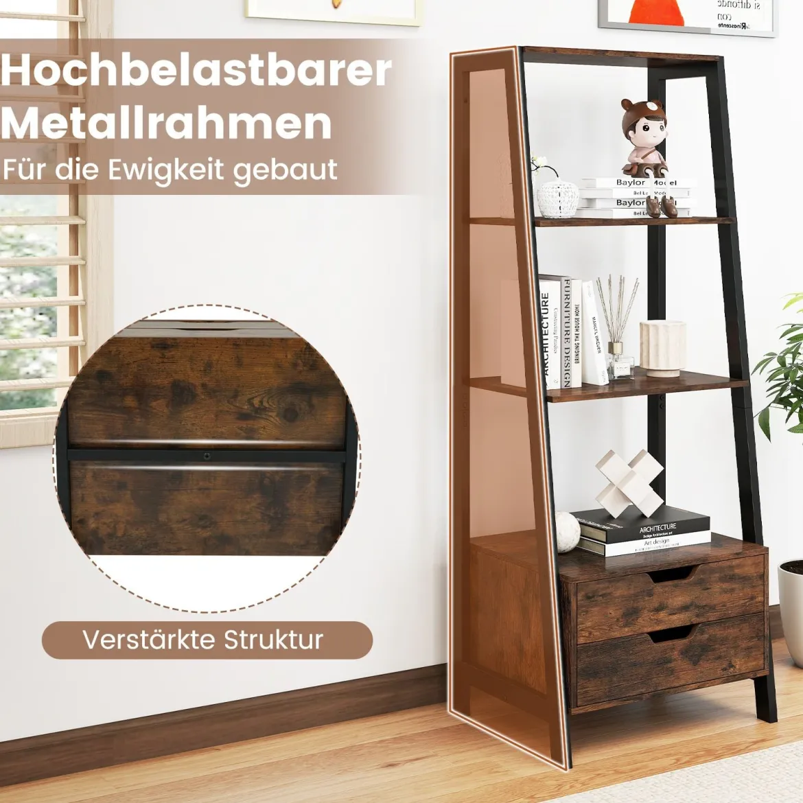 Leiterregal freistehend 134cm Bücherregal mit 4 offenen Regalen und 2 Schubladen vielseitiges Standregal Braun
