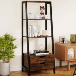 Leiterregal freistehend 134cm Bücherregal mit 4 offenen Regalen und 2 Schubladen vielseitiges Standregal Braun