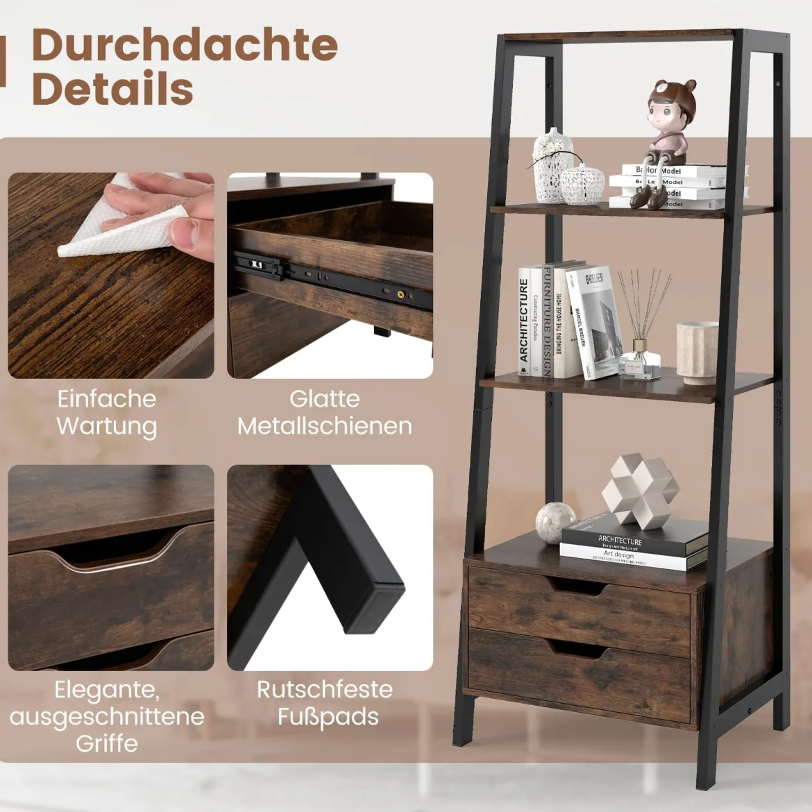 Leiterregal freistehend 134cm Bücherregal mit 4 offenen Regalen und 2 Schubladen vielseitiges Standregal Braun
