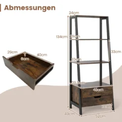 Leiterregal freistehend 134cm Bücherregal mit 4 offenen Regalen und 2 Schubladen vielseitiges Standregal Braun