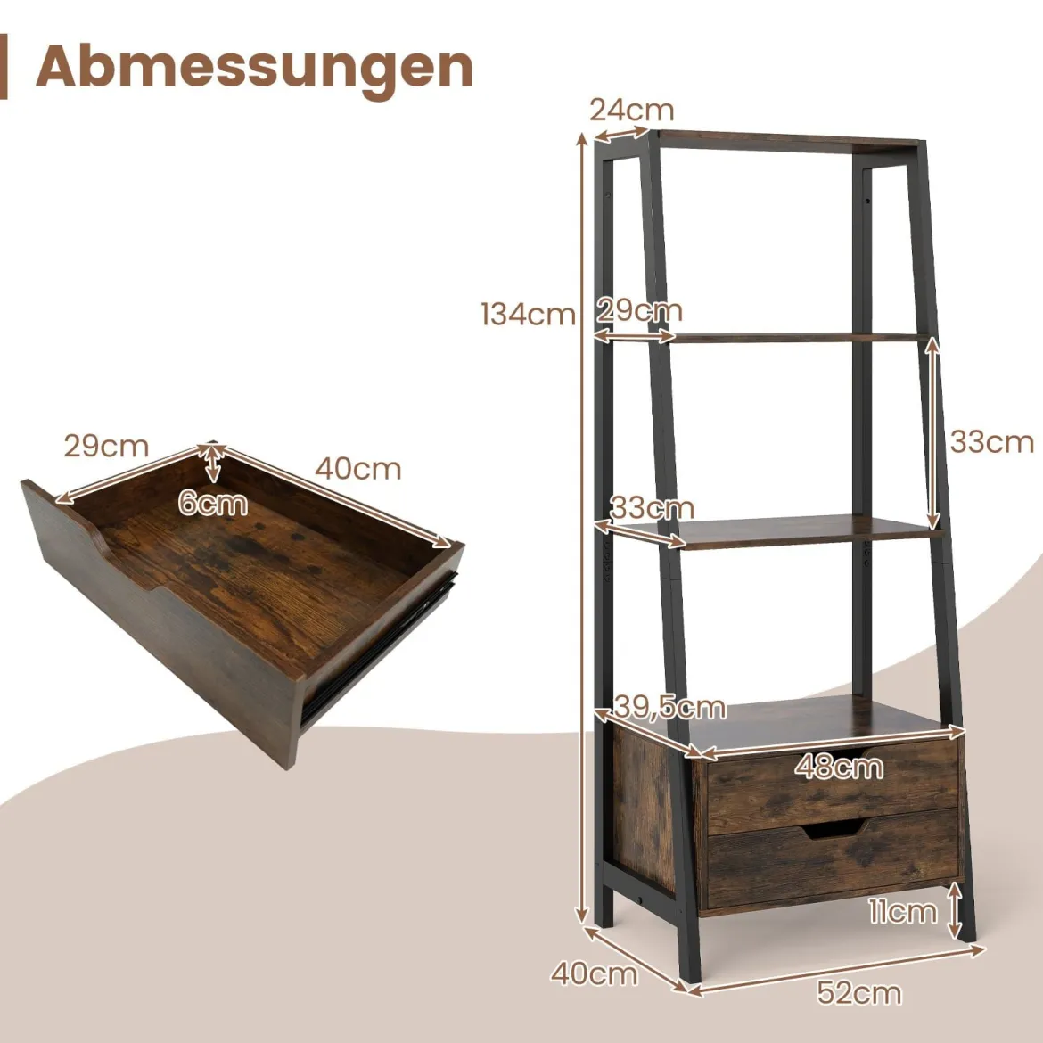 Leiterregal freistehend 134cm Bücherregal mit 4 offenen Regalen und 2 Schubladen vielseitiges Standregal Braun