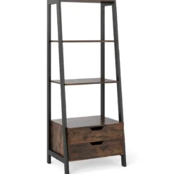 Leiterregal freistehend 134cm Bücherregal mit 4 offenen Regalen und 2 Schubladen vielseitiges Standregal Braun