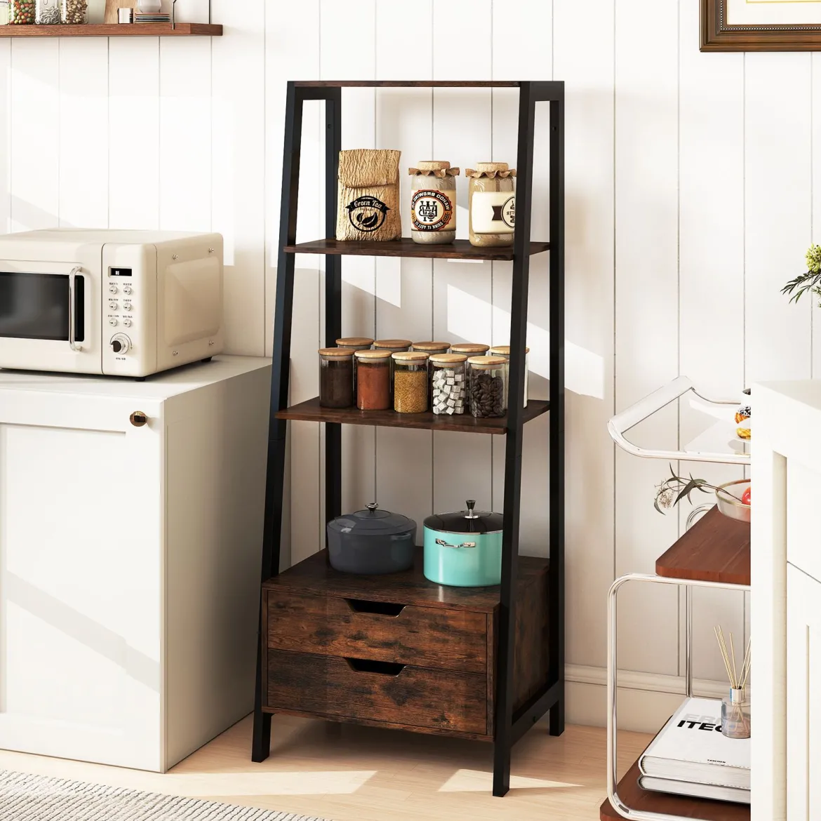 Leiterregal freistehend 134cm Bücherregal mit 4 offenen Regalen und 2 Schubladen vielseitiges Standregal Braun