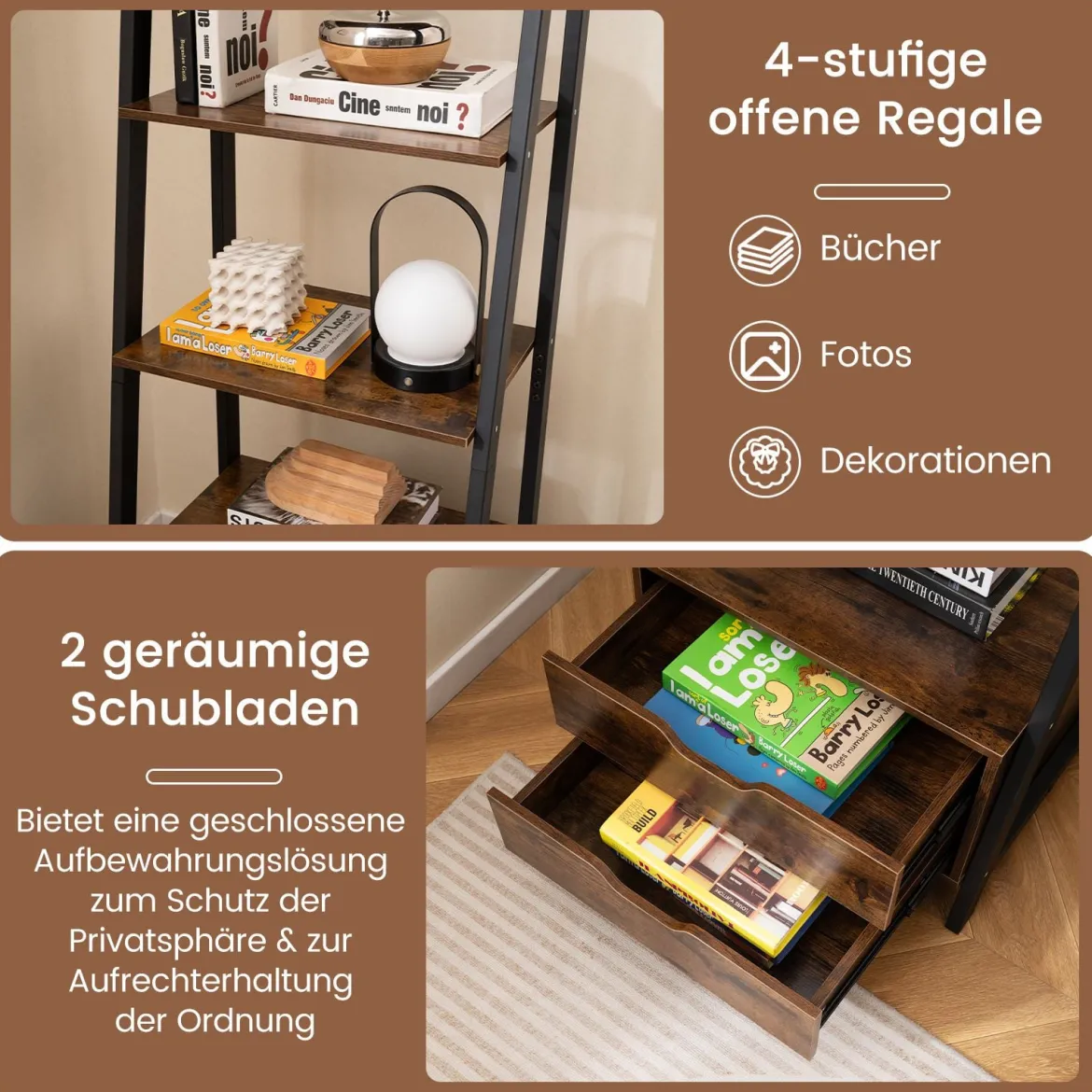 Leiterregal freistehend 134cm Bücherregal mit 4 offenen Regalen und 2 Schubladen vielseitiges Standregal Braun