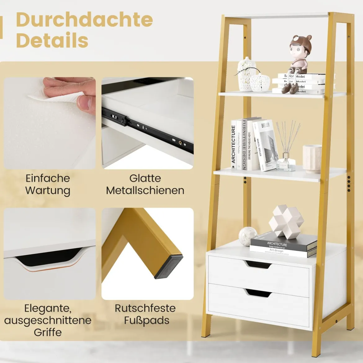 Leiterregal freistehend 134cm Bücherregal mit 4 offenen Regalen und 2 Schubladen vielseitiges Standregal Weiß