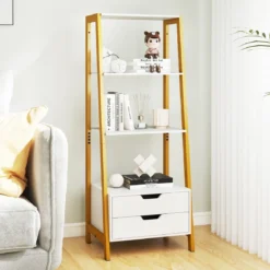 Leiterregal freistehend 134cm Bücherregal mit 4 offenen Regalen und 2 Schubladen vielseitiges Standregal Weiß