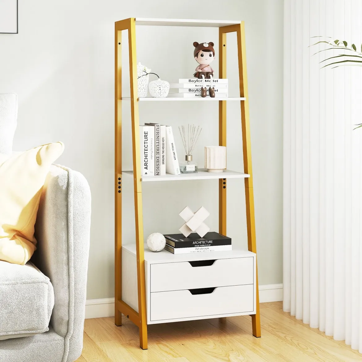 Leiterregal freistehend 134cm Bücherregal mit 4 offenen Regalen und 2 Schubladen vielseitiges Standregal Weiß