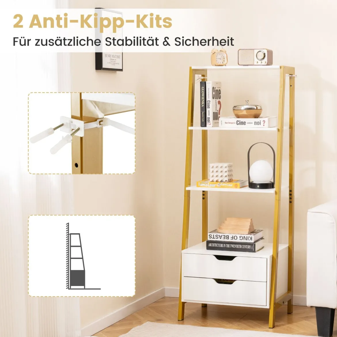 Leiterregal freistehend 134cm Bücherregal mit 4 offenen Regalen und 2 Schubladen vielseitiges Standregal Weiß
