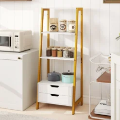 Leiterregal freistehend 134cm Bücherregal mit 4 offenen Regalen und 2 Schubladen vielseitiges Standregal Weiß