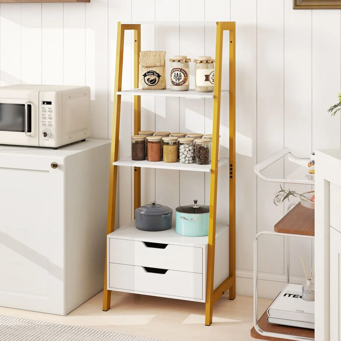 Leiterregal freistehend 134cm Bücherregal mit 4 offenen Regalen und 2 Schubladen vielseitiges Standregal Weiß
