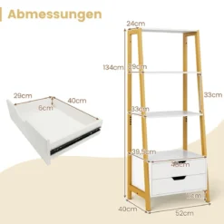 Leiterregal freistehend 134cm Bücherregal mit 4 offenen Regalen und 2 Schubladen vielseitiges Standregal Weiß