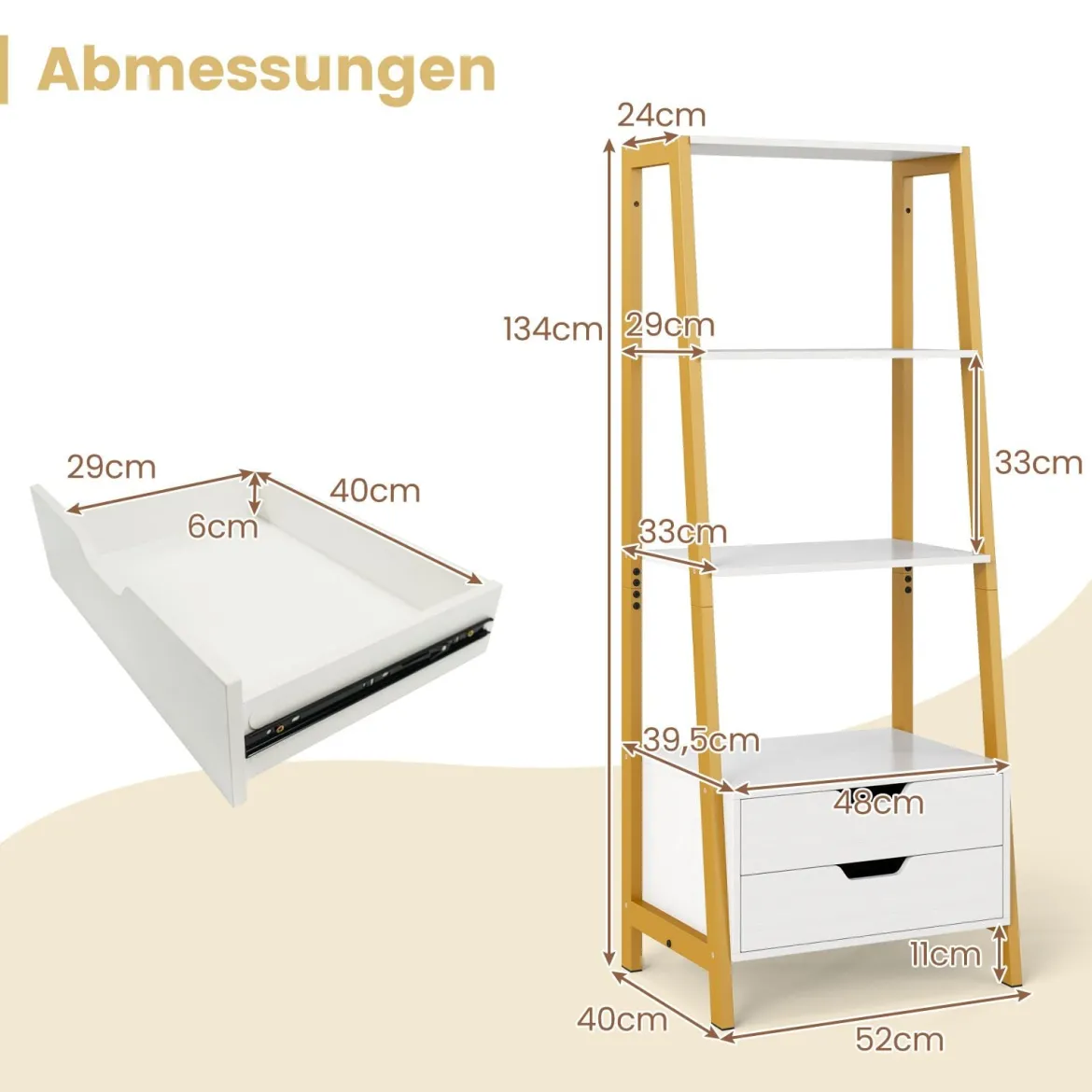 Leiterregal freistehend 134cm Bücherregal mit 4 offenen Regalen und 2 Schubladen vielseitiges Standregal Weiß