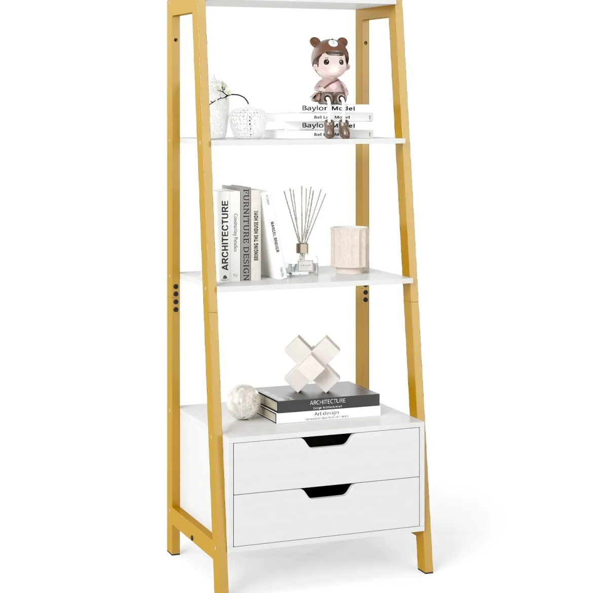 Leiterregal freistehend 134cm Bücherregal mit 4 offenen Regalen und 2 Schubladen vielseitiges Standregal Weiß