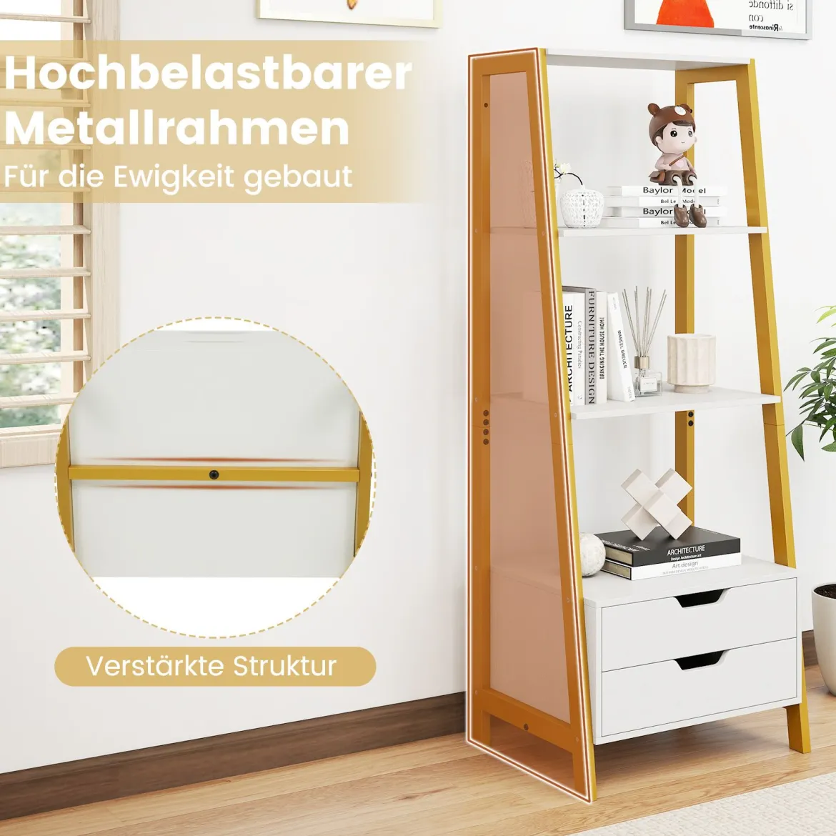 Leiterregal freistehend 134cm Bücherregal mit 4 offenen Regalen und 2 Schubladen vielseitiges Standregal Weiß