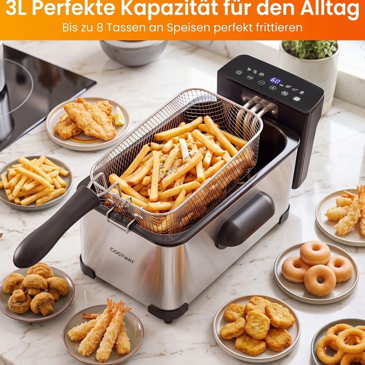 3 L Elektrische Fritteuse aus Edelstahl 2000 W Fritteuse Ölfritteuse mit Timer & Verstellbarem Thermostat
