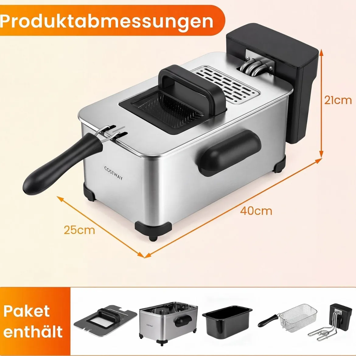 3 L Elektrische Fritteuse aus Edelstahl 2000 W Fritteuse Ölfritteuse mit Timer & Verstellbarem Thermostat