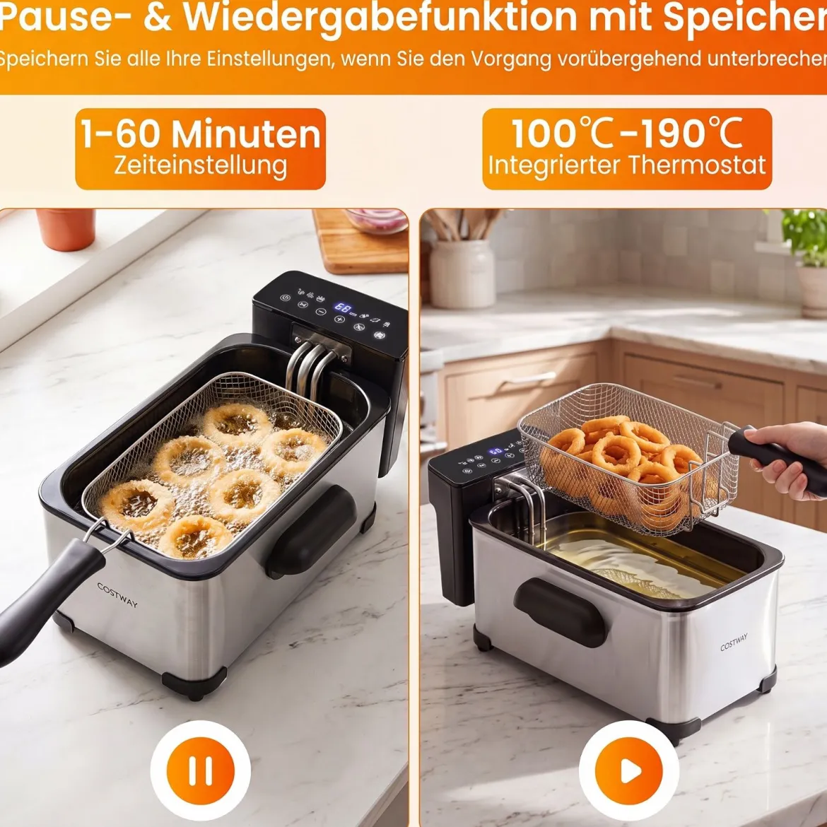 3 L Elektrische Fritteuse aus Edelstahl 2000 W Fritteuse Ölfritteuse mit Timer & Verstellbarem Thermostat