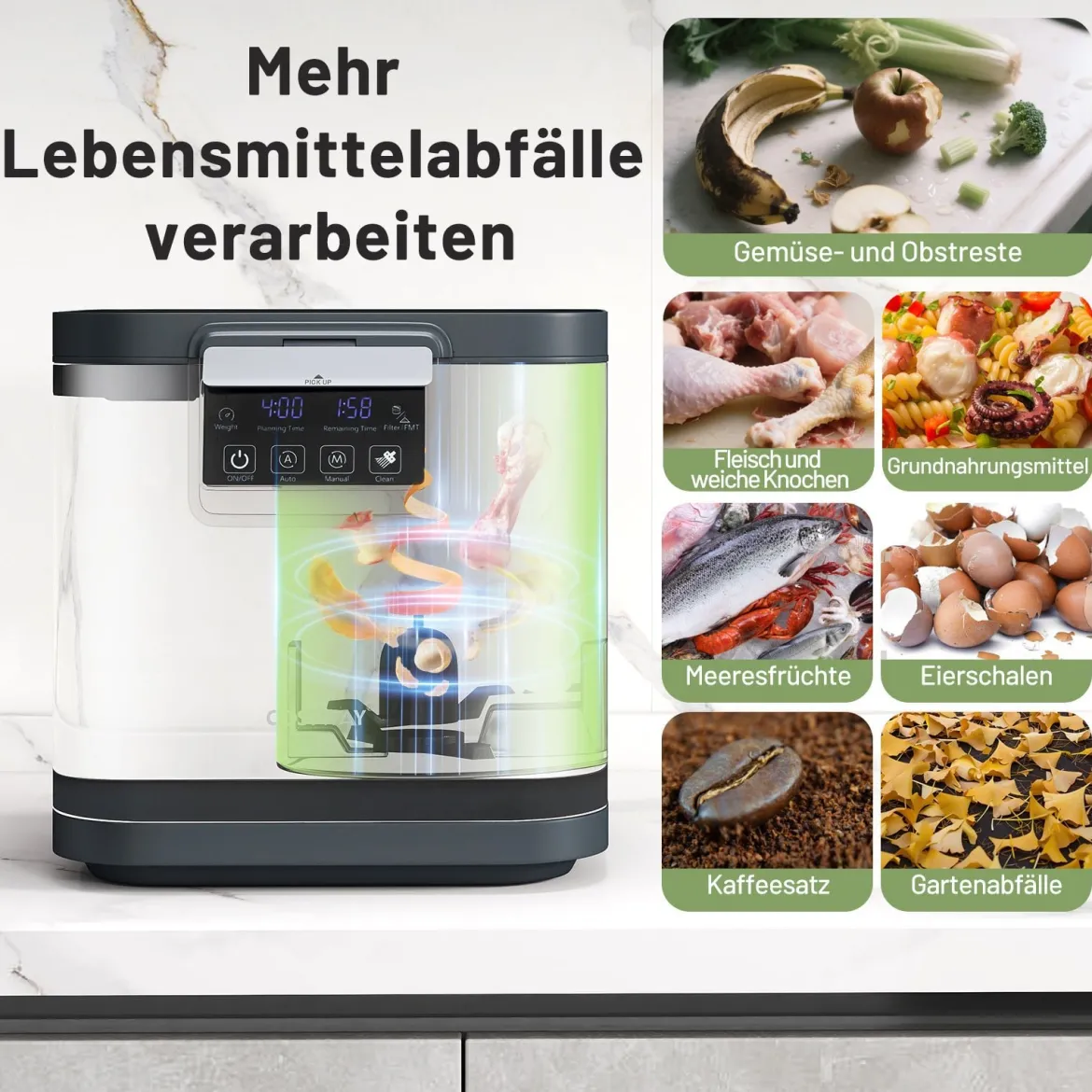 4 L Elektrischer Komposter Küchenkomposter mit Deckel 2 Filtereinsätzen & LED-Anzeige Schwarz