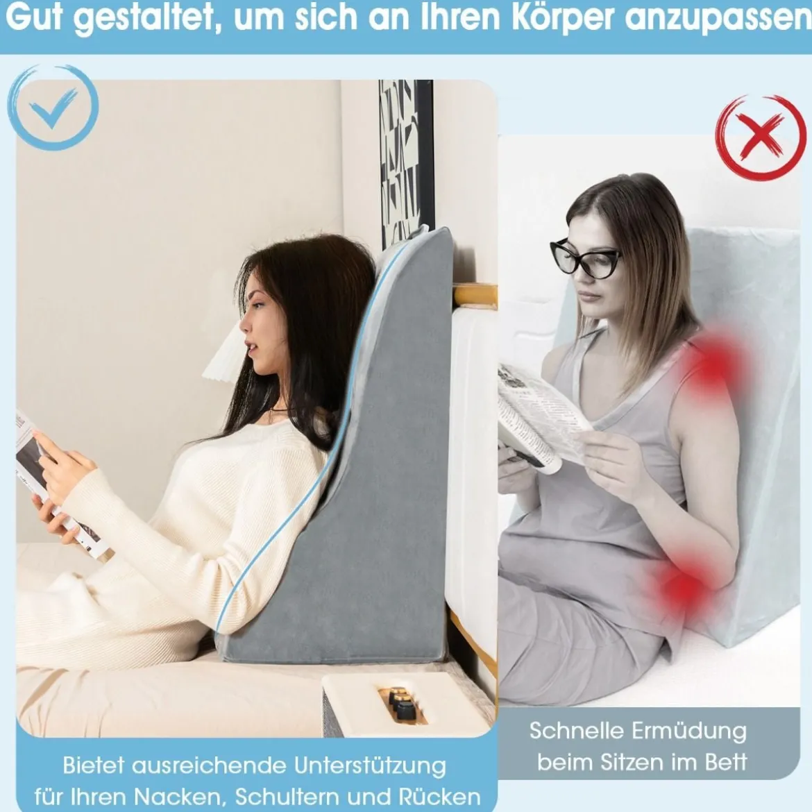 Lesekissen für Bett & Sofa mit Waschbarem Bezug Venenkissen zum Beine Hochlagern Grau