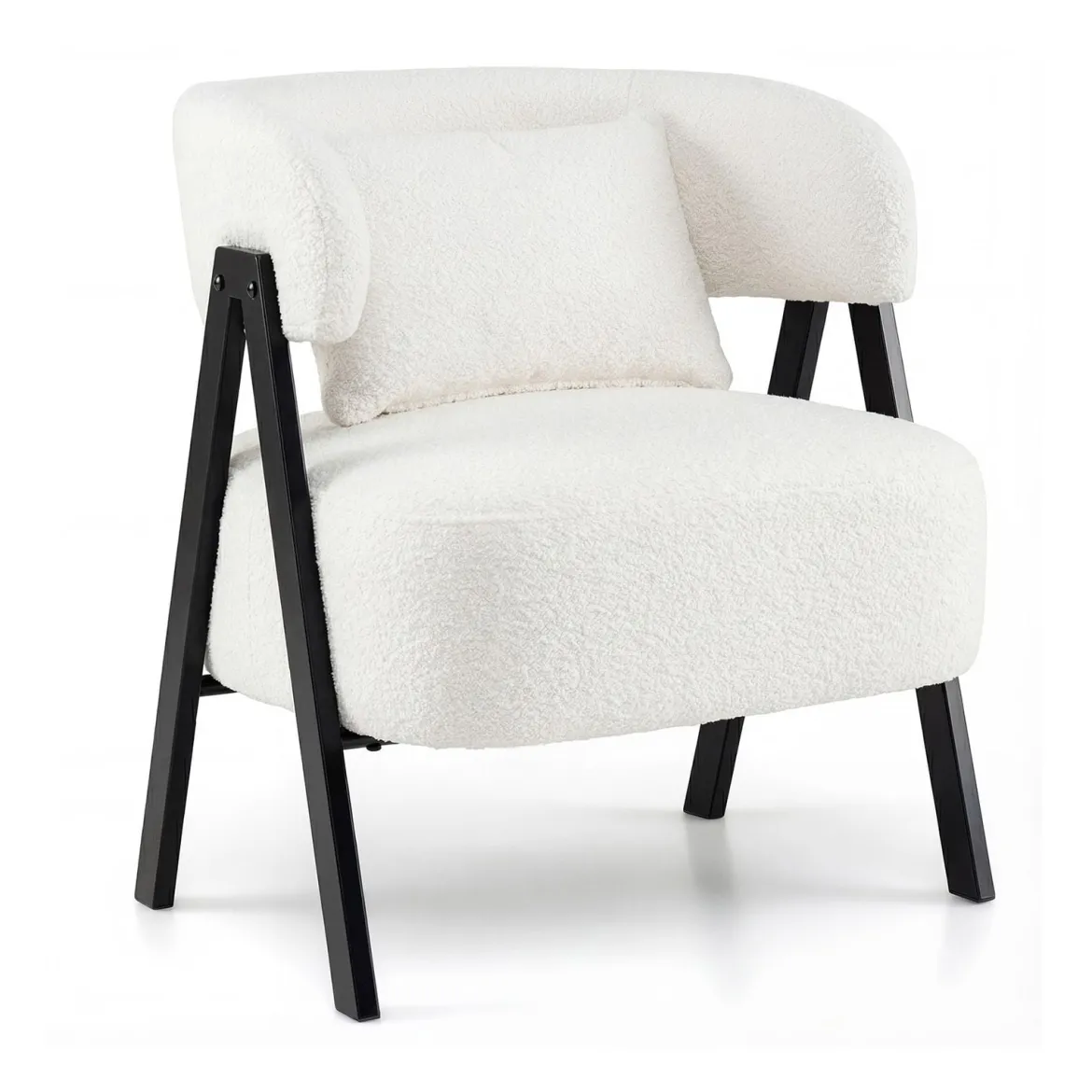 Lesesessel Sessel mit Kunstfell bezogen Loungesessel mit Lendenkissen & Metallbeinen moderner Relaxsessel Weiß
