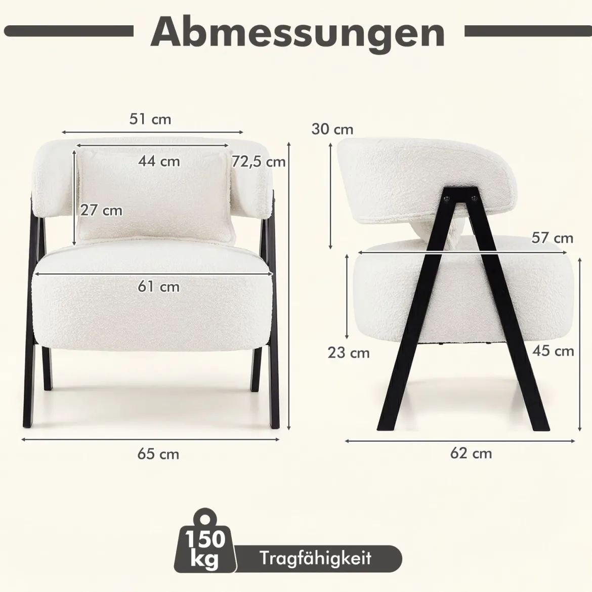 Lesesessel Sessel mit Kunstfell bezogen Loungesessel mit Lendenkissen & Metallbeinen moderner Relaxsessel Weiß