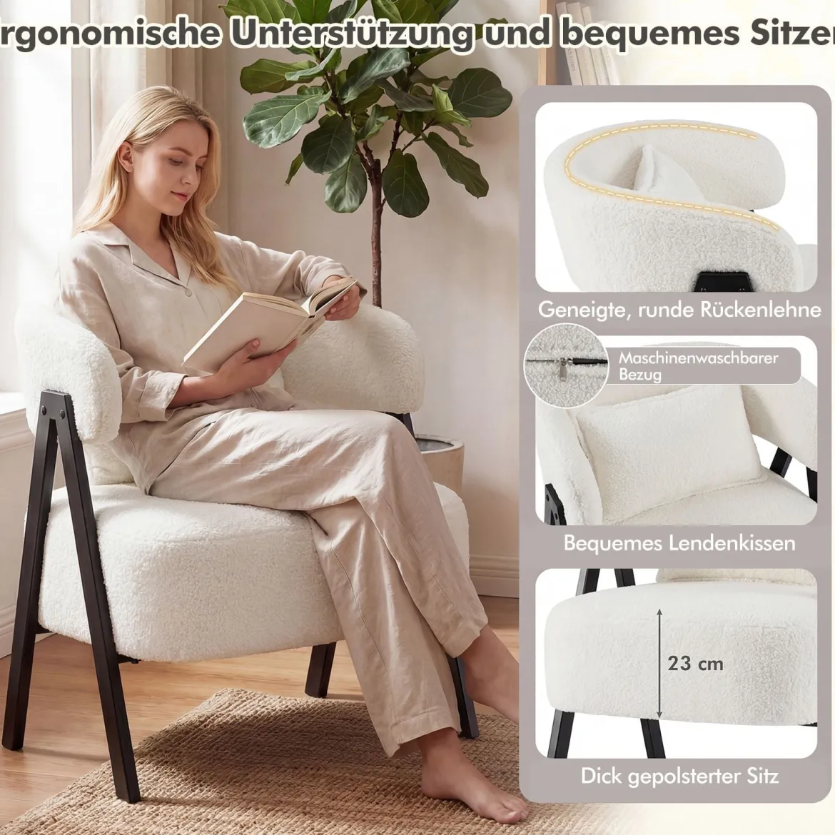 Lesesessel Sessel mit Kunstfell bezogen Loungesessel mit Lendenkissen & Metallbeinen moderner Relaxsessel Weiß