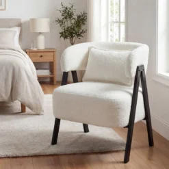 Lesesessel Sessel mit Kunstfell bezogen Loungesessel mit Lendenkissen & Metallbeinen moderner Relaxsessel Weiß