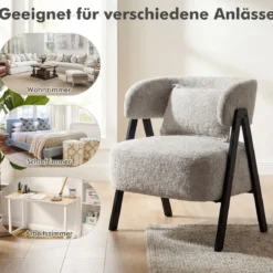 Lesesessel Sessel mit Kunstfell bezogen Loungesessel mit Lendenkissen & Metallbeinen moderner Relaxsessel Grau