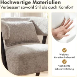 Lesesessel Sessel mit Kunstfell bezogen Loungesessel mit Lendenkissen & Metallbeinen moderner Relaxsessel Grau