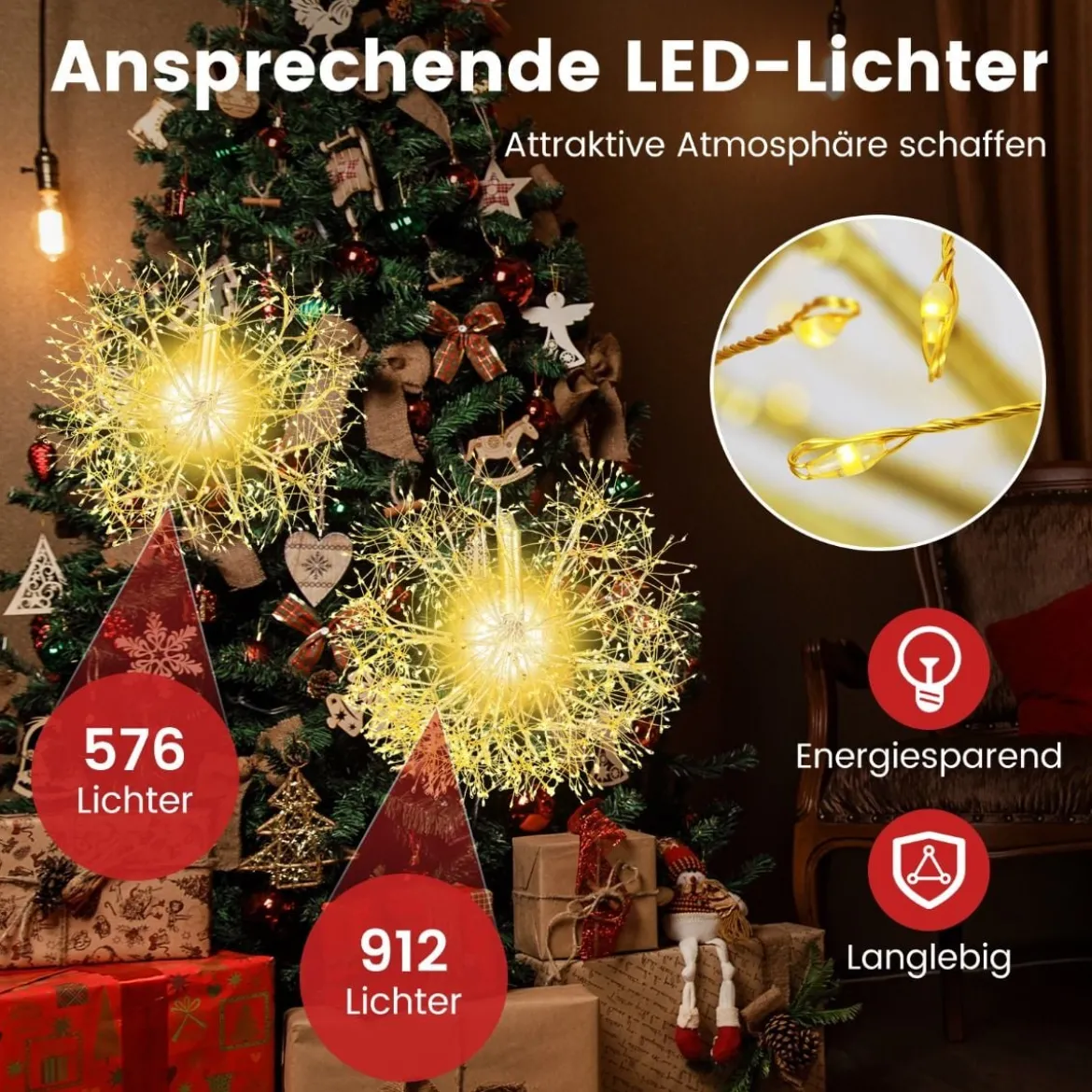 Leuchtkugel Weihnachten 2 Stück LED Kugeln Zum Hinhängen Weihnachtsbeleuchtung für außen und innen Gold