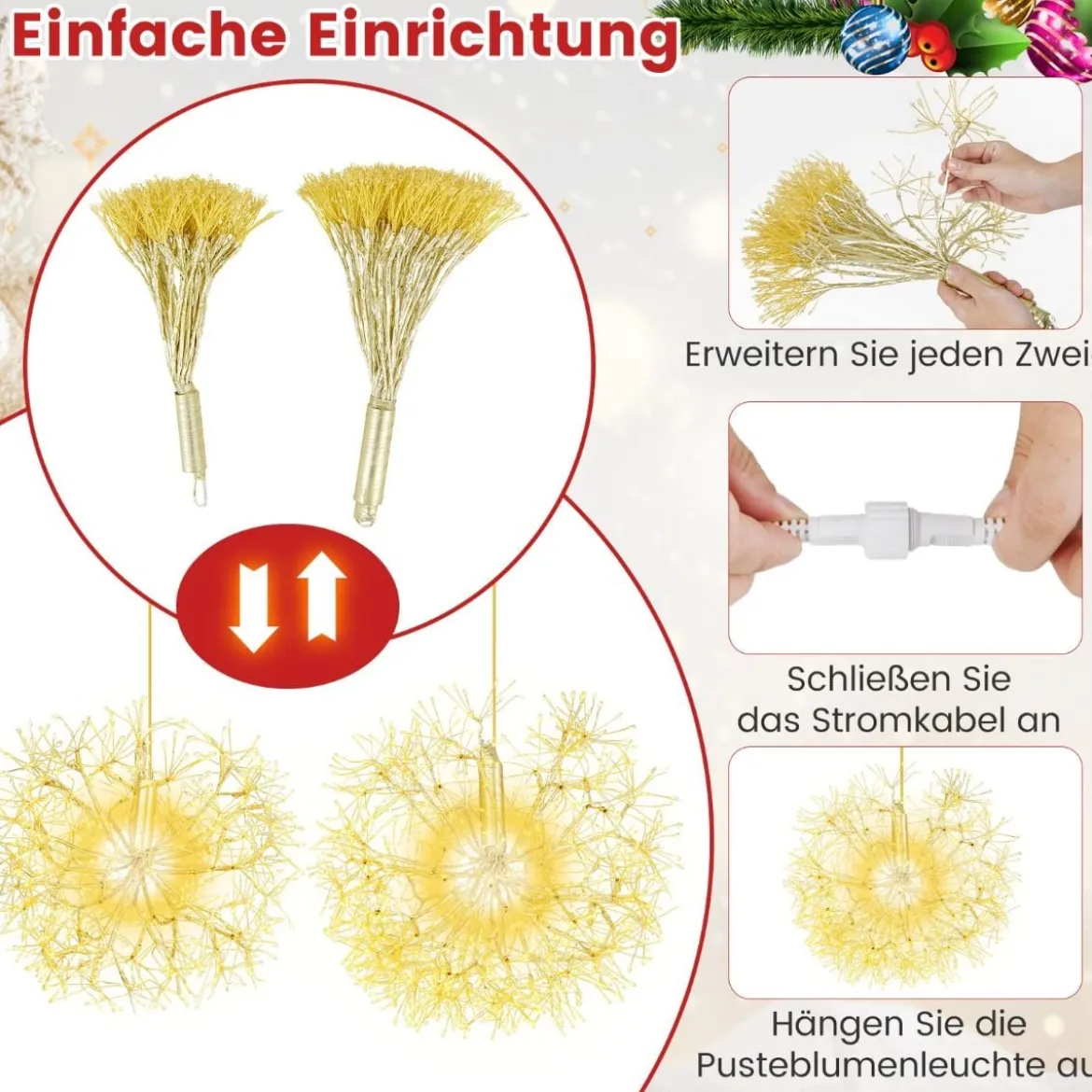 Leuchtkugel Weihnachten 2 Stück LED Kugeln Zum Hinhängen Weihnachtsbeleuchtung für außen und innen Gold