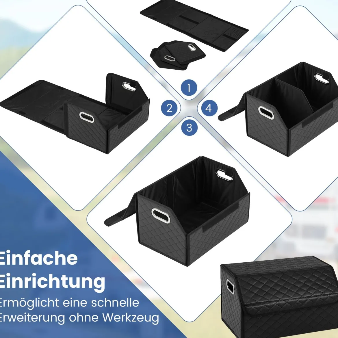 35L Faltbarer Auto-Kofferraum-Organizer aus Leder mit Deckel & Flexibler Trennwand Gesteppt