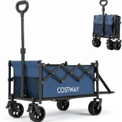92 L Faltbarer Vielseitiger Bollerwagen mit Verstellbarem Griff Bremse 150 kg Tragkraft Blau