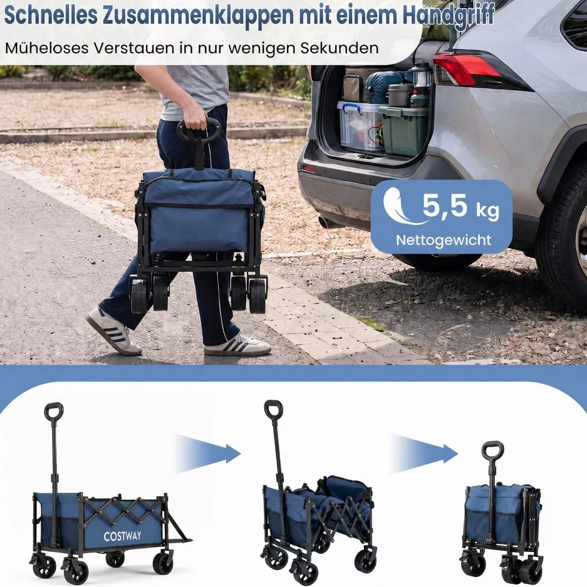 92 L Faltbarer Vielseitiger Bollerwagen mit Verstellbarem Griff Bremse 150 kg Tragkraft Blau