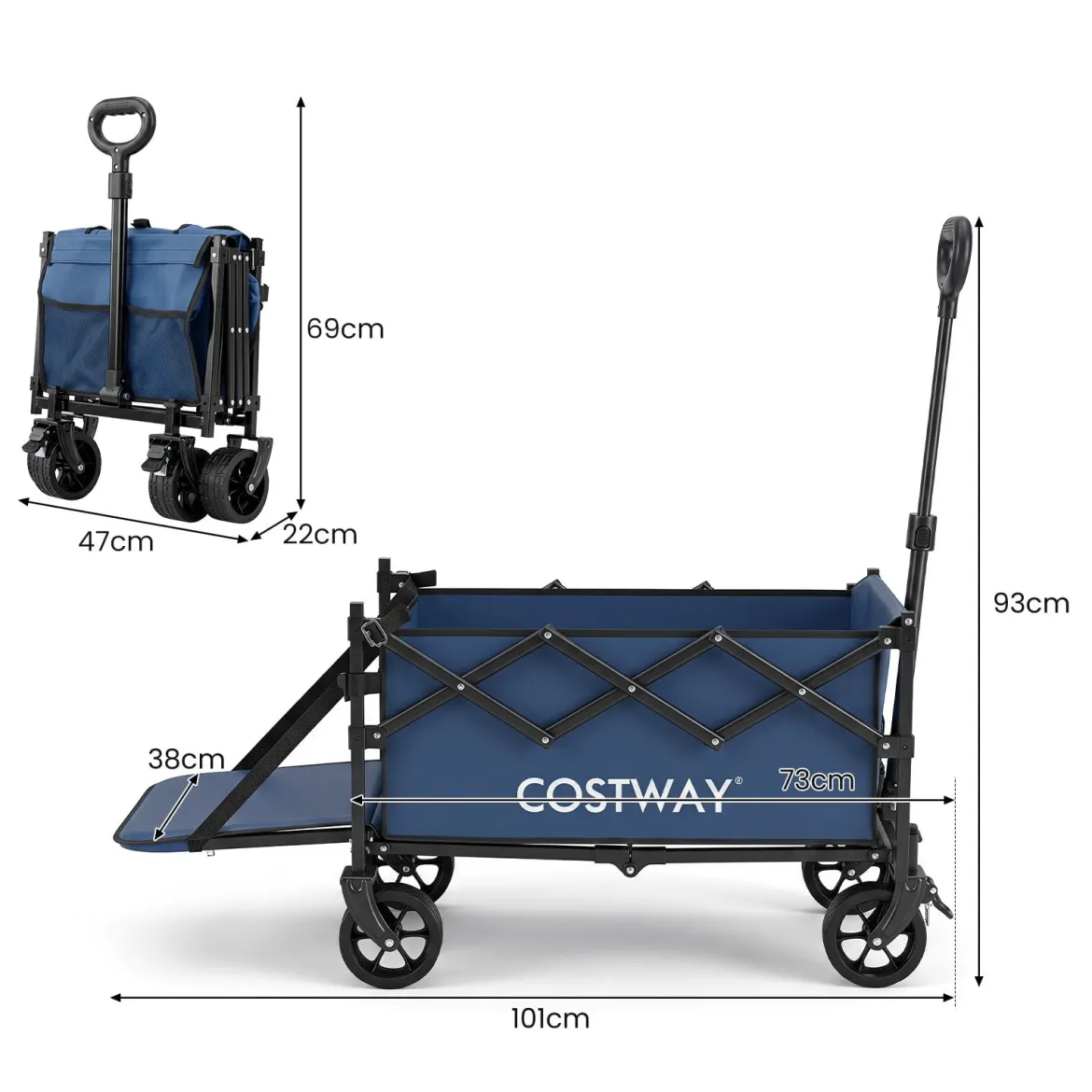 92 L Faltbarer Vielseitiger Bollerwagen mit Verstellbarem Griff Bremse 150 kg Tragkraft Blau
