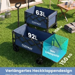 92 L Faltbarer Vielseitiger Bollerwagen mit Verstellbarem Griff Bremse 150 kg Tragkraft Blau